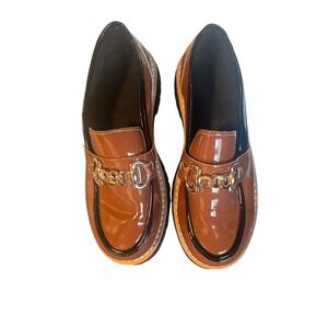 New Chunky Brown‎ Patent Chain Loafers Womens Size 8.5 Platform Lug Sole